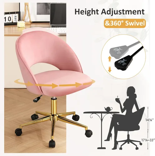 Miniatura 4 de Furniliving Silla de Tocador Rosa, Bonitas Sillas de Escritorio para Niñas con Respaldo, Silla de Acento Tapizada con Ruedas para Sala de Terciopelo