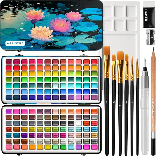 Miniatura 11 de ARTISTRO Juego de pintura de acuarela de 50 colores, kit de arte de pintura portátil con paleta y bolígrafos de pincel, juego de acuarela de viaje