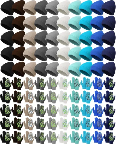 Paquete de 100 gorros y guantes antideslizantes para niños, gorro de punto cálido, guantes de invierno a granel para niños y niñas