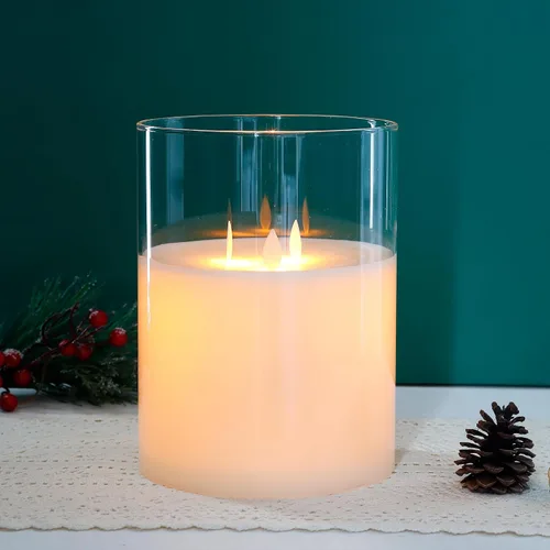 Miniatura 5 de JHY DESIGN Velas de cristal sin llama de 3 mechas de 8 pulgadas de alto operadas por batería con llama danzante parpadeante LED velas tipo pilar