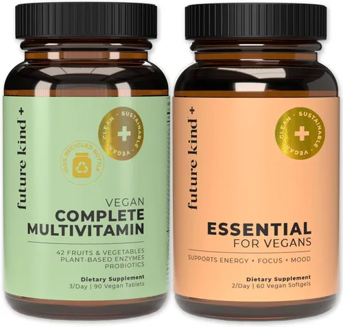 Future Kind Paquete de multivitamínicos – Multivitamínico completo vegano y multivitamínico esencial vegano – Vitamina B12, Omega 3 y vitamina D3 –