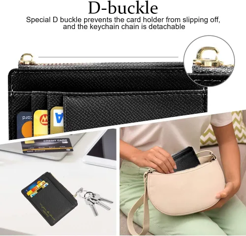 Miniatura 104 de URAQT Cartera para tarjetas de crédito, cartera minimalista de cuero delgado con cremallera, mini protector de tarjeta de crédito, llavero bolsillo