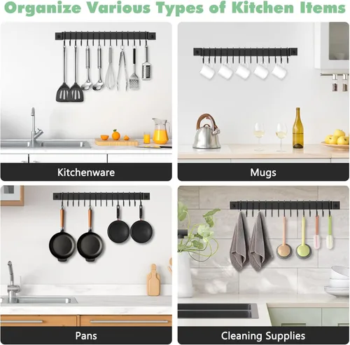 Miniatura 3 de Housolution Riel de cocina con 15 ganchos, 16 pulgadas montado en la pared, colgador de utensilios de cocina para cocina, 1 paquete, color negro
