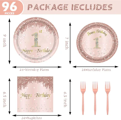 Miniatura 2 de 24 juegos de decoración de cumpleaños de oro rosa para niñas 1 juego de platos y servilletas y tenedores suministros de fiesta para niños de 1 año