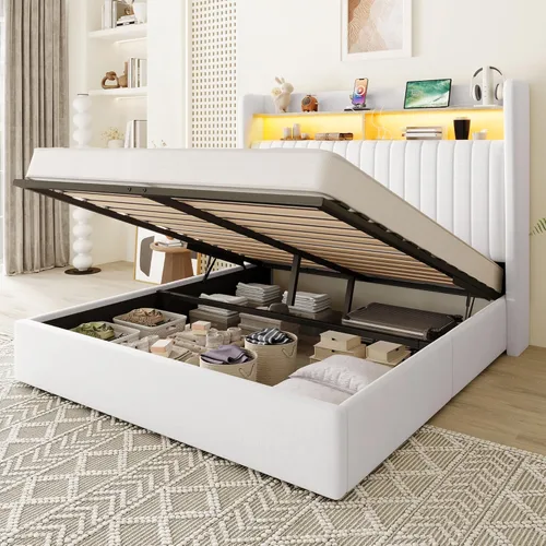 Allewie Marco de cama de almacenamiento hidráulico elevable, tamaño Queen, cabecero de estante de 2 niveles con luces LED y estación de carga, Blanco
