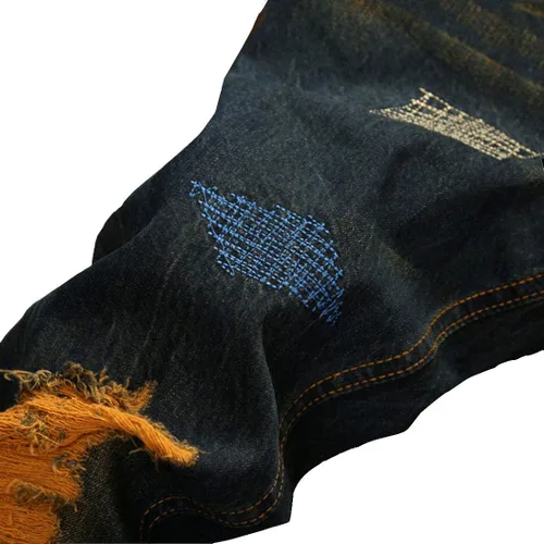 Miniatura 3 de utcoco Pantalones de mezclilla clásicos para hombre, corte delgado, cintura media, pierna recta, agujeros rasgados, rasgados, jeans