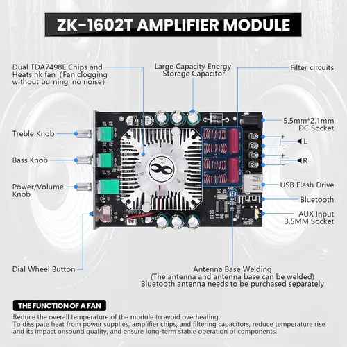 Miniatura 4 de ZK-1602T Bluetooth 5.0 amplificador de potencia para altavoces domésticos 2.0 canales 160W+160W estéreo mini amplificador módulo TDA7498E chip W/TB