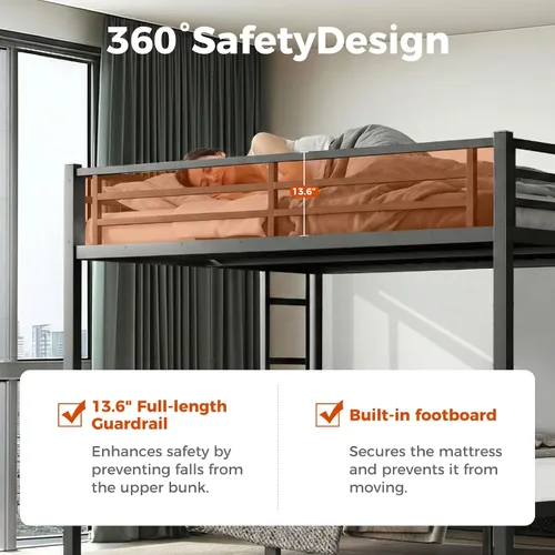 Miniatura 3 de Litera individual XL sobre Queen, cama alta de metal resistente para adultos/adolescentes, capacidad de 350/600 libras con escalera y barandilla