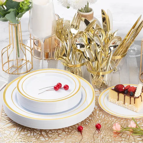 Miniatura 7 de BESTVIP Juego de 600 platos de plástico dorados (para 100 invitados), platos de plástico para fiesta, boda, cumpleaños, juego de vajilla desechable