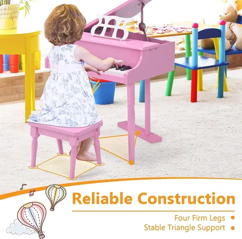 Miniatura 7 de HONEY JOY Piano clásico para niños, mini piano de cola de 30 teclas con soporte de música y banco, juguete de instrumento musical de madera con tapa