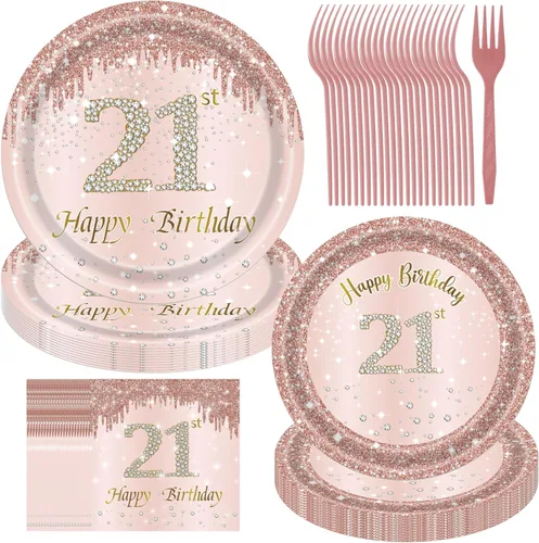 Miniatura 6 de Decoraciones de cumpleaños número 50 para mujer, platos de oro rosa, decoraciones de oro rosa, 96 platos de papel rosa y servilletas para niñas