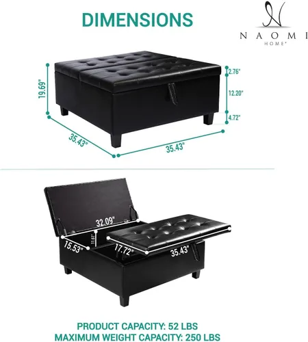 Miniatura 2 de Naomi Home Ciara - Banco otomano tapizado de cuero negro de 35 pulgadas, mesa auxiliar cuadrada grande de almacenamiento, caja de juguetes, taburete