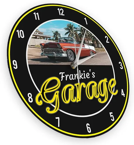 Miniatura 3 de Reloj de pared de garaje de 12 pulgadas con imagen personalizada con nombre, reloj de pared vintage para amantes de los autos, funciona