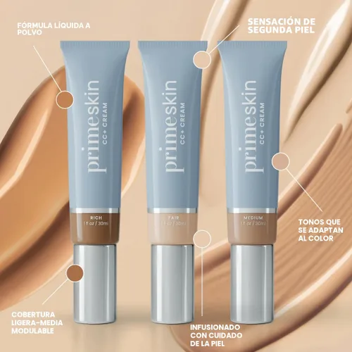 Miniatura 6 de Prime Prometics PrimeSkin CC+ Crema para mujeres maduras, base ligera de líquido a polvo, difumina los poros y cubre las manchas de la edad, sin