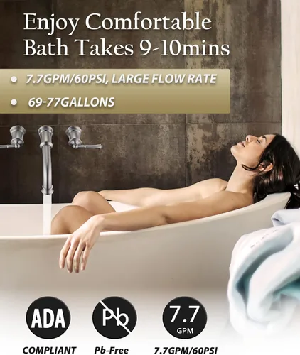 Miniatura 6 de Llenador de bañera de montaje en pared con válvula áspera, grifo de bañera romana de latón de alto flujo de 2 manijas montado en la pared, boquilla