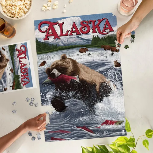 Miniatura 3 de Lantern Press Rompecabezas de 1000 piezas, pescado de salmón de oso grizzly, Alaska