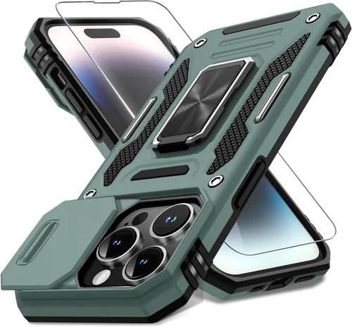 Miniatura 75 de DEERLAMN Funda para iPhone Xs Max con funda deslizante para cámara + protector de pantalla, soporte giratorio de anillo de grado militar a prueba