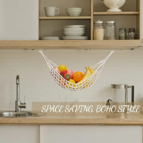 Miniatura 7 de Hamaca de frutas para cocina, debajo del gabinete, cesta de frutas colgante de algodón tejido a mano, cesta de macramé, decoración bohemia