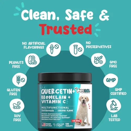 Miniatura 7 de Quercetina para perros con bromelina y vitamina C – Alivio de alergias de perros masticables para picazón en la piel, alergias estacionales y apoyo