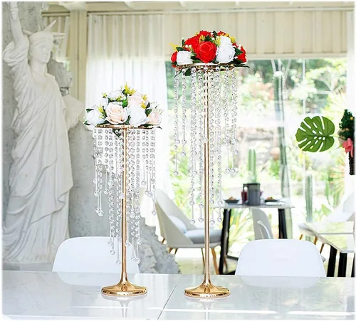 Miniatura 8 de Centros de mesa de boda dorados de 21.6 pulgadas para mesa, 2 jarrones altos, centros de mesa de boda con cuentas de cristal brillantes, soporte