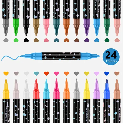 Miniatura 3 de Juego de rotuladores de pintura acrílica de doble punta de 24 colores, puntas acrílicas multifuncionales con cuerpo de bolígrafo láser, bolígrafos