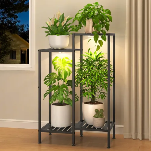 Miniatura 8 de iDavosic.ly Soporte para plantas de 4 niveles para interiores con ruedas, estante de metal escalonado para flores al aire libre para macetas Negro