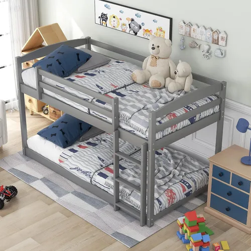 Miniatura 5 de Harper & Bright Designs Litera baja individual sobre individual, marco de cama individual de madera con escalera y barandillas, literas bajas