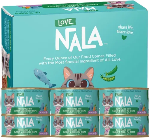 LOVE, NALA - Comida húmeda natural para gatos adultos - Atún en copos con zanahoria y guisantes verdes en caldo - Sin granos, sin OMG, proteína