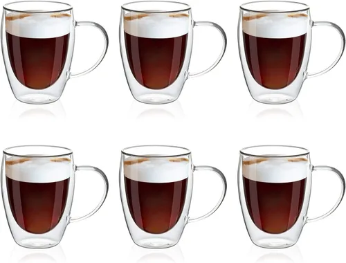 Miniatura 10 de MEWAY Paquete de 2 tazas de café de 16 onzas, taza de doble pared de vidrio transparente grueso con asa para café, té, café con leche, capuchino