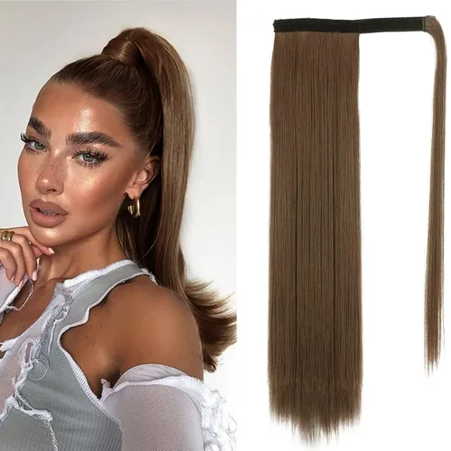 Miniatura 73 de BARSDAR Extensión de cola de caballo de 28 pulgadas largo recto envoltura alrededor del clip en pelo de fibra sintética para mujeres, negro