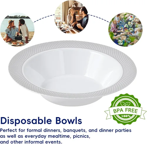 Miniatura 4 de JOLLY CHEF Paquete de 50 cuencos de plástico con borde plateado, cuencos de sopa desechables de 12 onzas, cuencos de plástico resistentes