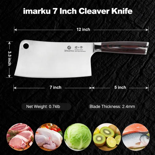 Miniatura 6 de imarku Cuchillo de carnicero japonés afilado de acero de alto carbono de 7 pulgadas, cuchillo multiusos para cocina, cocina, restaurante, Marrón