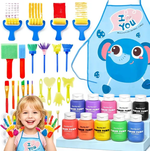 Shuttle Art Juego de pintura de dedos lavable, 37 piezas con 10 colores (2 fl oz), pintura no tóxica para niños pequeños, pinceles de pintura,