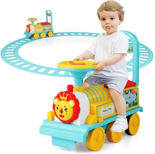 Miniatura 12 de OLAKIDS Tren para niños con pista, juguete eléctrico de 6V con luces y sonidos, reposapiés retráctil, almacenamiento debajo del asiento, tema