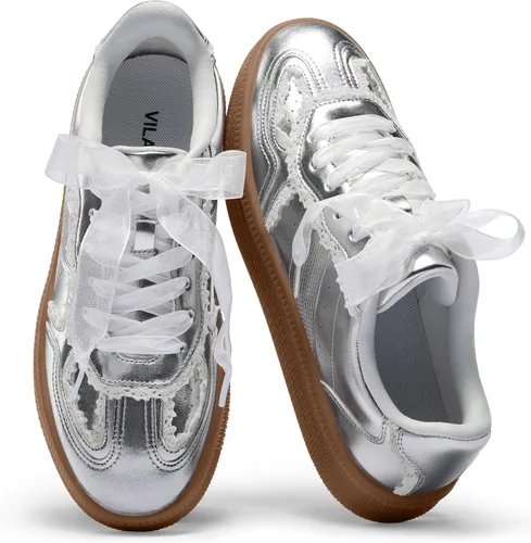 Vilanva Zapatillas de moda con detalle de encaje para mujer, zapatillas casuales cómodas de vestir con suela de goma retro, calzado de moda para