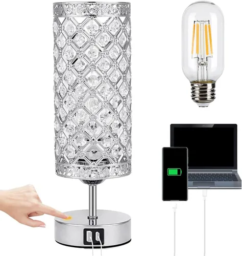Miniatura 8 de Lámpara de mesa de cristal, lámpara de escritorio regulable K9 con control táctil, lámpara decorativa de cristal K9 con 2 puertos de carga USB
