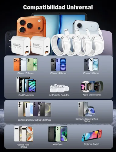 Miniatura 6 de Cargadores de carga rápida para iPhone 15 y 16, paquete de 20 cargadores de pared USB C de 20 W para iPhone 16 Pro Max con 2 cables USB C a C de 6