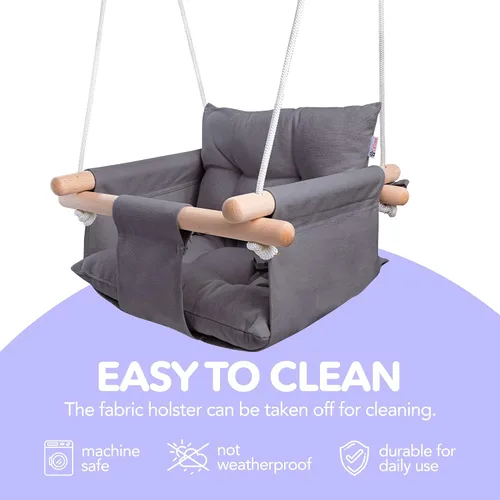 Miniatura 5 de CaTeam Asiento de columpio de lona para bebé con cinturón de seguridad de 5 puntos, columpio colgante de madera para niños pequeños, interior y Gris