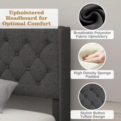 Miniatura 5 de Giantex Base de cama individual para niños, cama tapizada de tela moderna con cabecera capitoné con botones en la parte trasera de alas, base