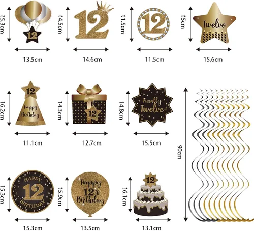 Miniatura 2 de Decoración de techo de remolinos colgantes para fiesta de cumpleaños número 12, celebración, 12 espirales colgantes de aluminio con recortes para 12
