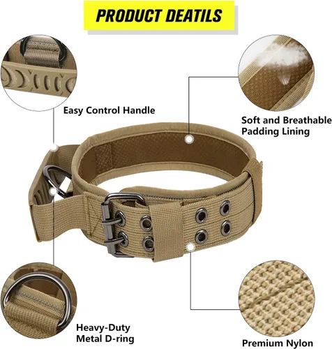 Miniatura 2 de Collar táctico para perro con asa, collar de entrenamiento militar ajustable para perros, nailon suave y hebilla de metal resistente para perros