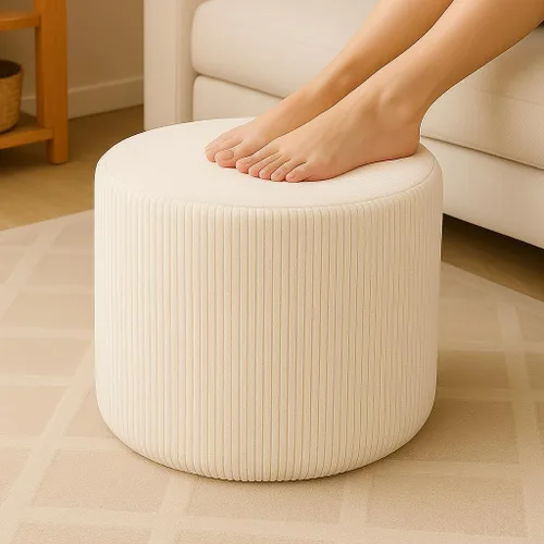 Taburete otomano de pana blanca – Reposapiés de tela de pana boucle texturizado con espuma suave, puf redondo ligero para sala de estar acogedora y
