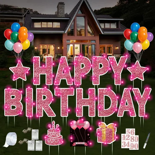 Miniatura 10 de Letrero de feliz cumpleaños con estacas, 18 piezas de letrero negro de feliz cumpleaños con luz LED de 49.2 pies, letrero grande personalizado