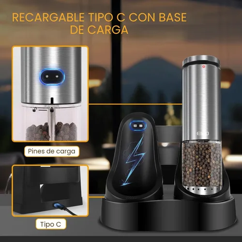 Miniatura 9 de Juego de Molinillo Eléctrico de Sal y Pimienta Recargable, Grosor Ajustable Externo, Agitadores Automáticos de Sal y Pimienta, Utensilios de Cocina