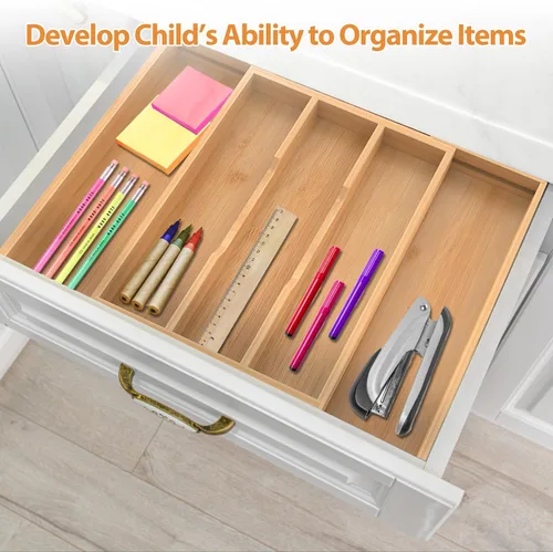 Miniatura 8 de Organizador de cajones de cocina expandible de bambú, 13 a 23 pulgadas, bandeja ajustable para utensilios y cubiertos, organizador de cajones