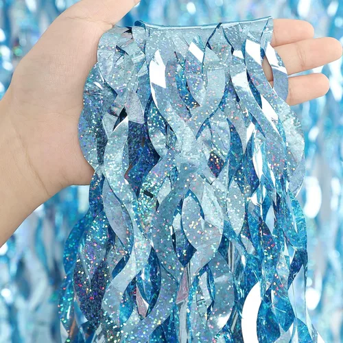 CYLMFC - Paquete de 4 cortinas de papel de aluminio para fiesta, color azul claro, 3.3 x 6.6 pies, telón de fondo ondulado para cabina de fotos,