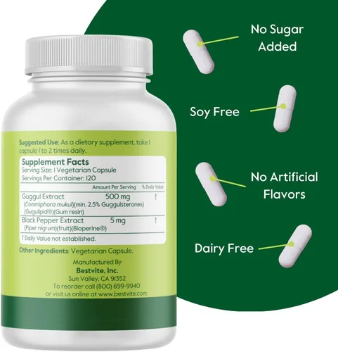 Miniatura 3 de BESTVITE Extracto de guggul de 500 mg (120 cápsulas vegetarianas), respaldado por investigación clínica, patentado y estandarizado, mejorado por