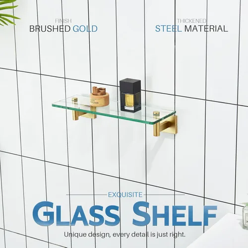 Miniatura 4 de KOKOSIRI Estantes de pared flotantes de acero inoxidable dorado de 12 pulgadas, accesorios de baño de vidrio templado, estante colgante para Oro