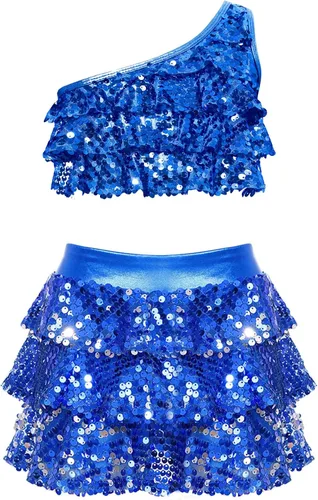 Miniatura 12 de JEATHA Top corto con borlas y lentejuelas brillantes para niñas, con minifalda, jazz latino, salsa, samba, rumba, baile