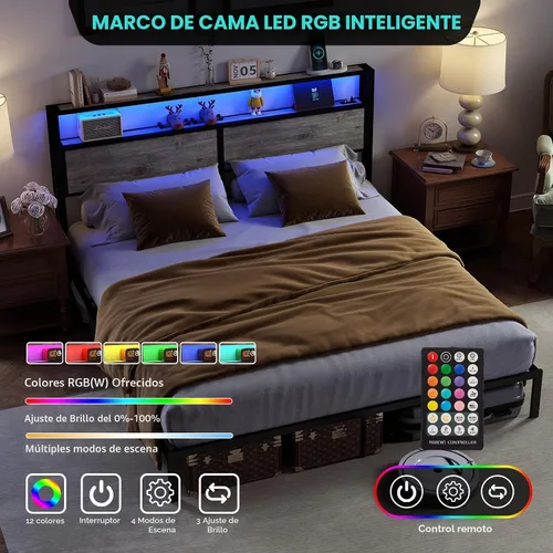 Miniatura 3 de Base de cama tamaño King con cabecero, estructura de cama de plataforma metálica con luces LED y estación de carga, almacenamiento debajo de la gris